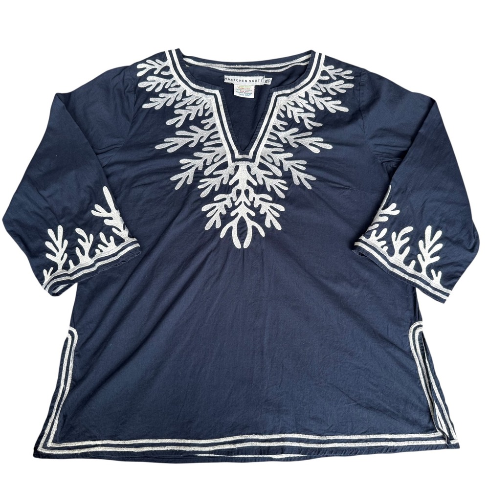 Gretchen Scott Cotton Embroidered Tunic The Reef Navy Blue White Coral Top XL - Picture 2 of 11
